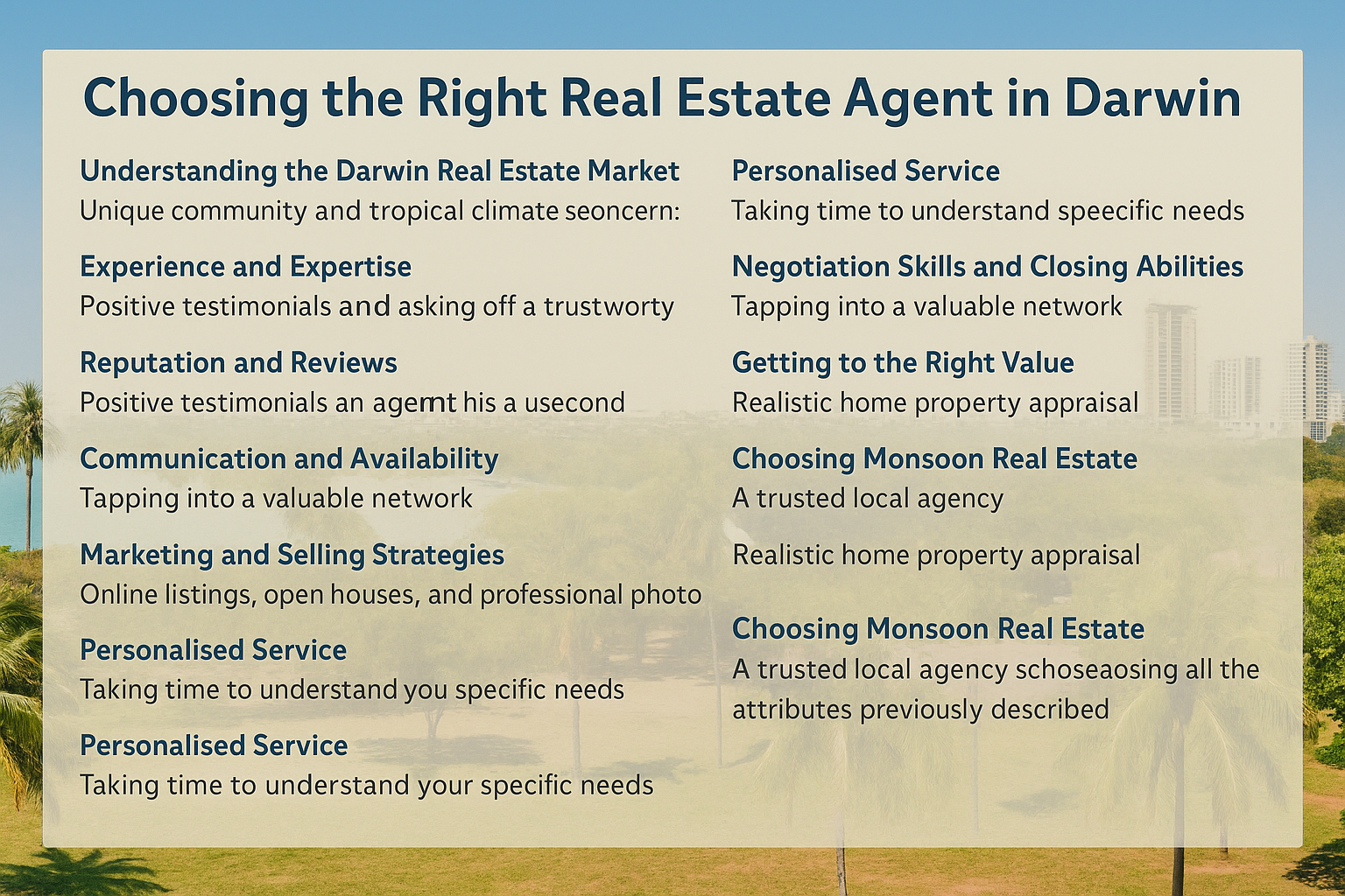 Infographic titled "Choosing the Right Real Estate Agent in Darwin" displayed in a landscape format over a background of Darwin’s skyline and palm trees. It lists key factors like local market knowledge, communication, negotiation skills, and highlights Monsoon Real Estate as a trusted agency.