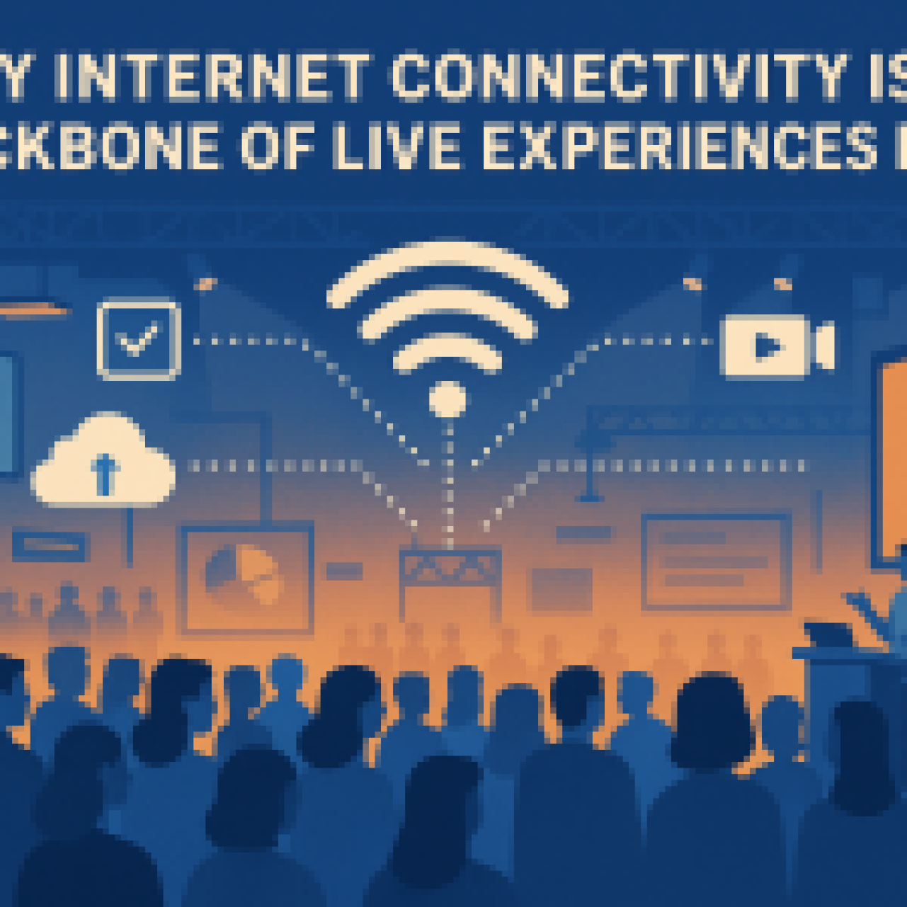Illustration of event internet infrastructure in 2025, showing routers, devices, streaming, and AR elements in a tech-driven conference environment.
