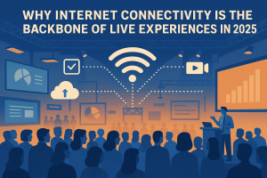 Illustration of event internet infrastructure in 2025, showing routers, devices, streaming, and AR elements in a tech-driven conference environment.