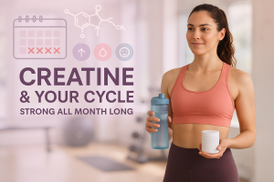 Fit woman holding creatine supplement and water bottle with menstrual cycle graphics, promoting creatine use for women’s health and fitness.