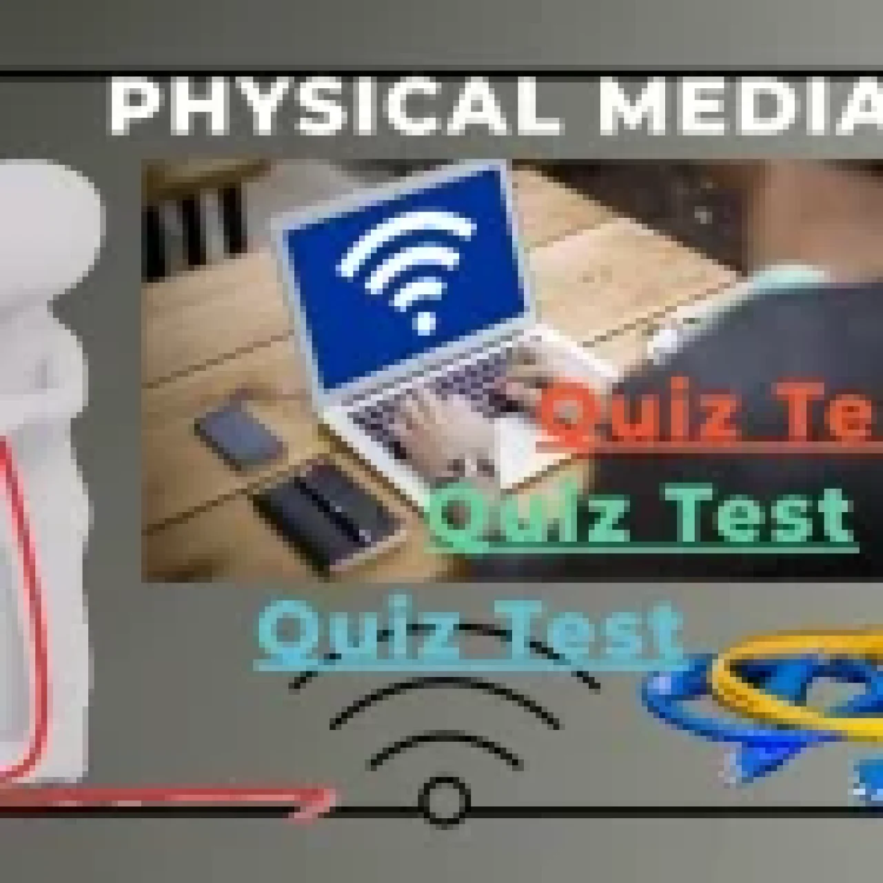 Illustration of physical media and networking cables with a laptop showing a Wi-Fi symbol and the text "Quiz Test."