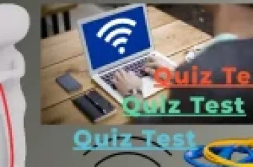 Illustration of physical media and networking cables with a laptop showing a Wi-Fi symbol and the text "Quiz Test."