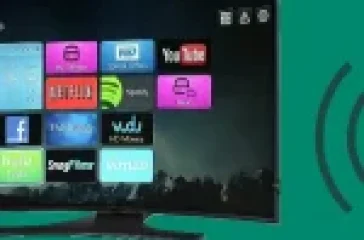 Smart TV displaying various streaming apps including Hulu Plus, YouTube, and Netflix, with a wireless signal icon and Hulu Live TV branding.