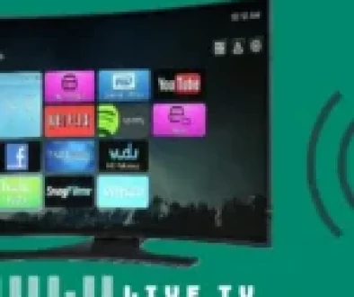 Smart TV displaying various streaming apps including Hulu Plus, YouTube, and Netflix, with a wireless signal icon and Hulu Live TV branding.