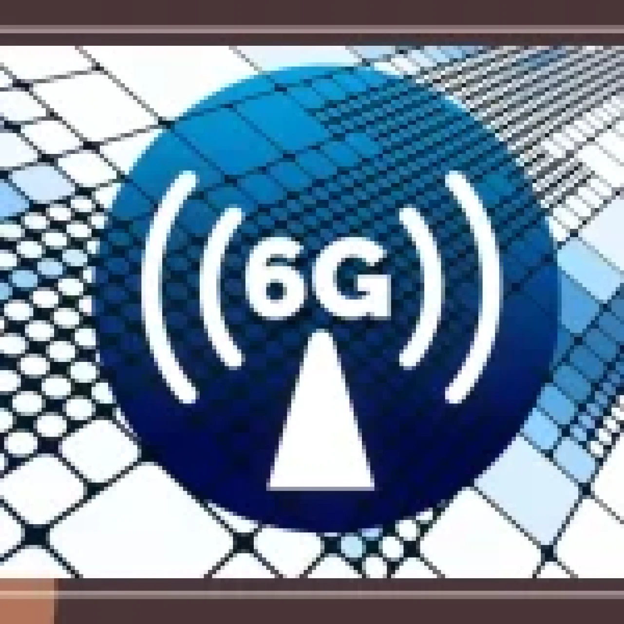 A futuristic digital background with a prominent 6G network symbol, featuring blue and white geometric patterns.