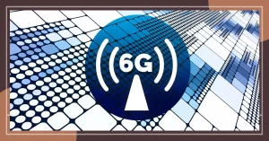 A futuristic digital background with a prominent 6G network symbol, featuring blue and white geometric patterns.