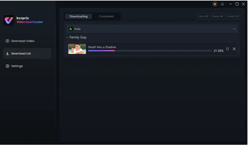 Screenshot of the Keeprix Video Downloader interface showing the "Download List" section with a dark theme. The "Downloading" tab is active, displaying a Hulu video titled "Family Guy: Death Has a Shadow" at 21.50% completion. The sidebar includes options like "Download Video" and "Download List," with "Start All," "Pause All," and "Cancel All" buttons at the top.