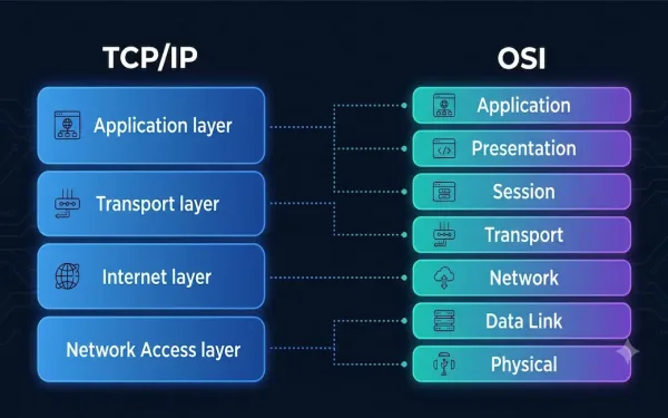 Side-By-Side Comparison Of Tcp/Ip 4-Layer Model And Osi 7-Layer Model With Layer Mapping