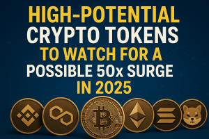 High-Potential Crypto Tokens to Watch for a Possible 50x Surge in 2025 with major coin icons