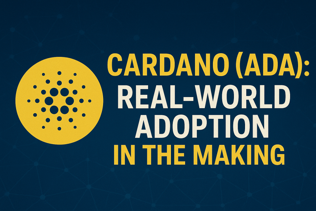 Cardano (ADA) real-world adoption visual with bold headline and network design background