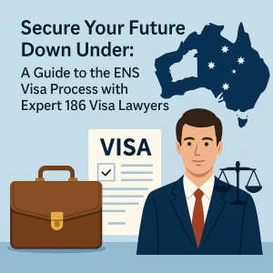 A male lawyer in a suit stands beside a visa document, briefcase, and legal scale, with a map of Australia in the background, symbolizing the ENS 186 visa process.