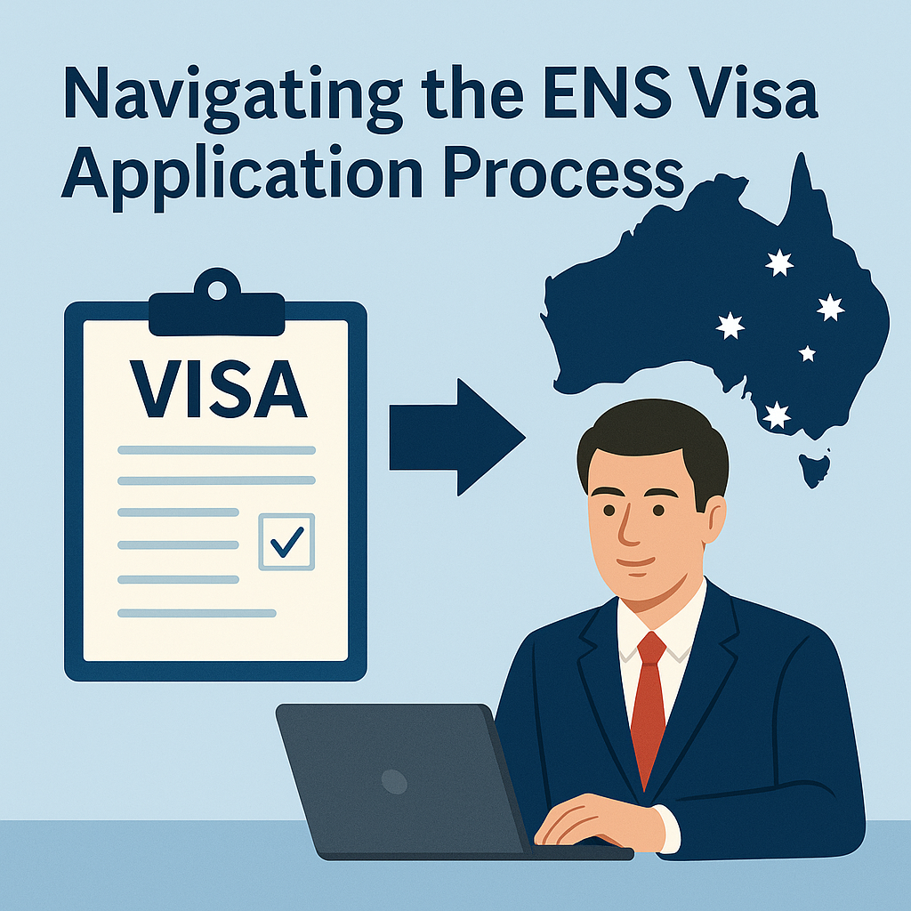 A professional man in a suit works on a laptop beside a visa document and an Australia map, symbolizing the ENS visa application process. 