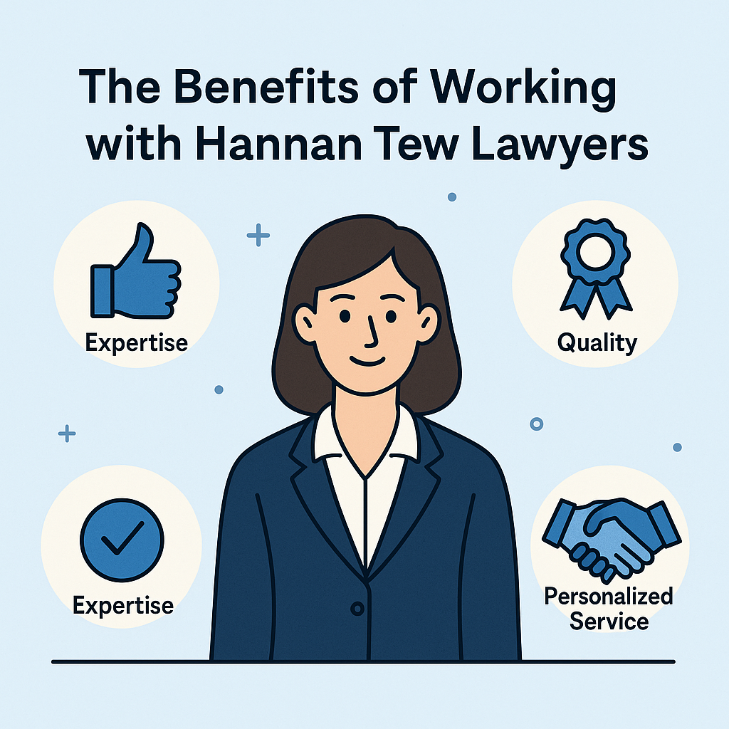A female lawyer in a navy blazer is surrounded by icons representing expertise, quality, and personalized service, illustrating the benefits of working with Hannan Tew Lawyers. 