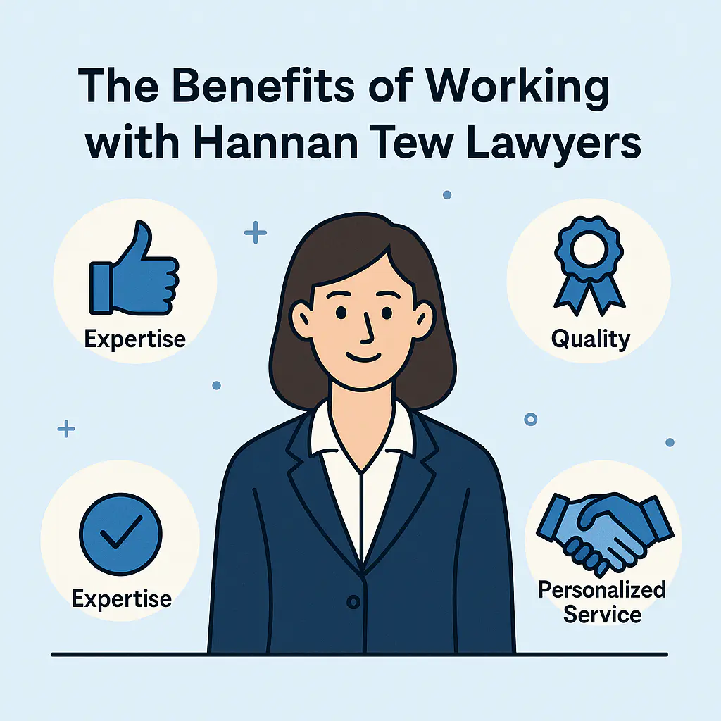 A female lawyer in a navy blazer is surrounded by icons representing expertise, quality, and personalized service, illustrating the benefits of working with Hannan Tew Lawyers. 