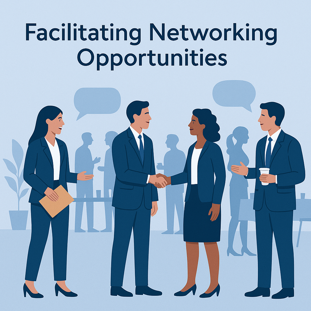 Business professionals interact, shake hands, and converse at a formal networking event, promoting connection and collaboration. 