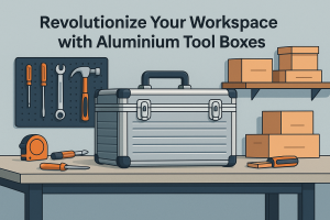 A silver aluminium toolbox on a workbench, surrounded by tools, a pegboard, and storage boxes, illustrating an organized and efficient workspace.