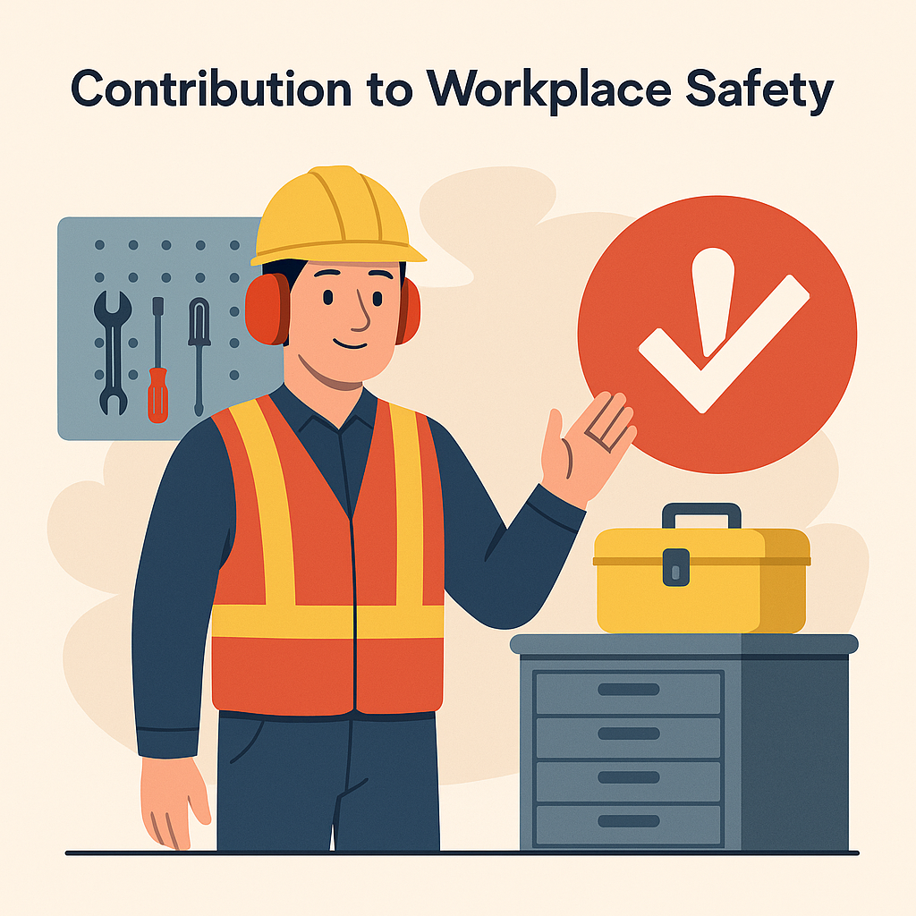 A construction worker in PPE, including a hard hat and safety vest, stands beside a tool chest and a red safety icon, promoting workplace safety practices.