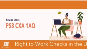 A person working at a desk with a laptop, surrounded by a plant, books, and a cat, with text about a share code and Right to Work Checks in the UK.
