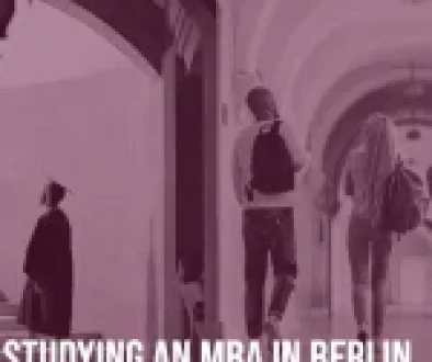 Business students discussing strategies in a modern Berlin university setting