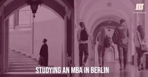 Business students discussing strategies in a modern Berlin university setting