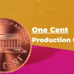 A US one-cent coin with "UNITED STATES OF AMERICA" and "ONE CENT" text, overlaid on a yellow and pink background with the phrase "One Cent Production Cost."