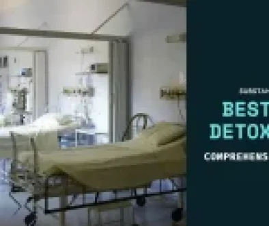 Hospital room with two beds, medical equipment, and a promotional overlay for substance addiction treatment and medical detox services.