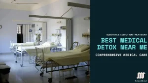 Hospital room with two beds, medical equipment, and a promotional overlay for substance addiction treatment and medical detox services.