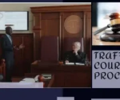 A courtroom scene with a judge, a presenter using a screen with data, and a gavel on a book, representing traffic court proceedings.