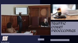 A courtroom scene with a judge, a presenter using a screen with data, and a gavel on a book, representing traffic court proceedings.