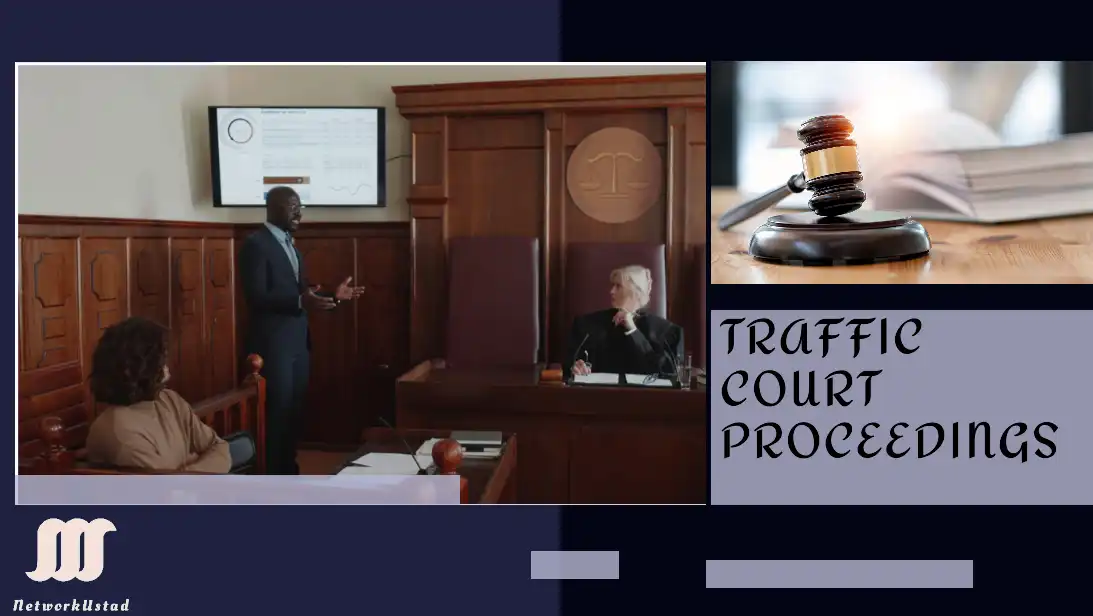 A courtroom scene with a judge, a presenter using a screen with data, and a gavel on a book, representing traffic court proceedings.