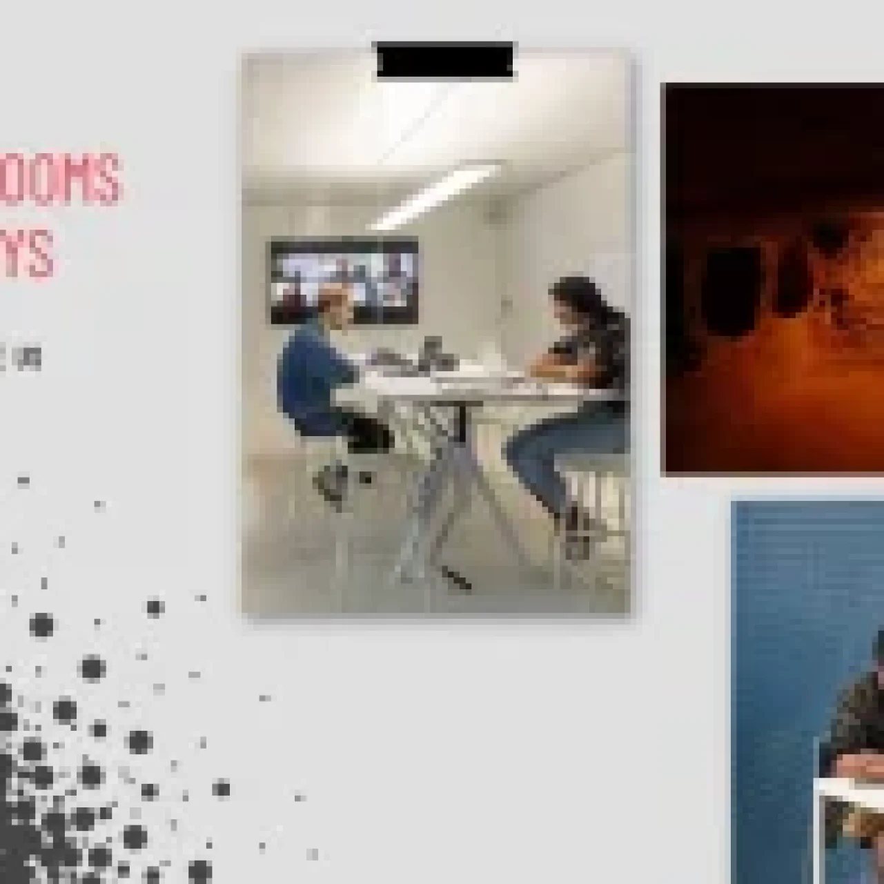 Two pairs of people collaborating at tables in modern rooms, with one image showing a dimly lit cave, promoting escape room activities during holidays.
