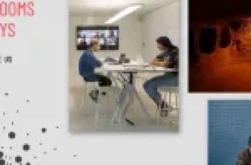 Two pairs of people collaborating at tables in modern rooms, with one image showing a dimly lit cave, promoting escape room activities during holidays.