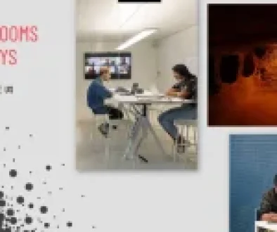 Two pairs of people collaborating at tables in modern rooms, with one image showing a dimly lit cave, promoting escape room activities during holidays.