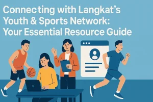 Diverse group of Langkat youth playing soccer and volleyball at a local field, with overlay text 'Connecting with Langkat's Youth & Sports Network: Your Essential Resource Guide'.