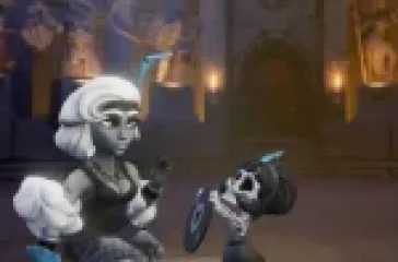 Royal Champion in Showtime Champion skin sitting with a pet skeleton holding a vinyl record shield in a medieval hall with hero statues in the background.