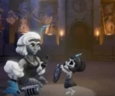 Royal Champion in Showtime Champion skin sitting with a pet skeleton holding a vinyl record shield in a medieval hall with hero statues in the background.