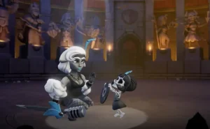 Royal Champion in Showtime Champion skin sitting with a pet skeleton holding a vinyl record shield in a medieval hall with hero statues in the background.