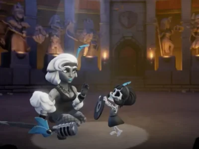 Royal Champion in Showtime Champion skin sitting with a pet skeleton holding a vinyl record shield in a medieval hall with hero statues in the background.