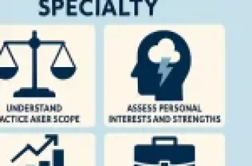 Infographic titled "Choosing a Legal Specialty" with icons for understanding practice scope, assessing interests, considering market demand, and reviewing compensation.