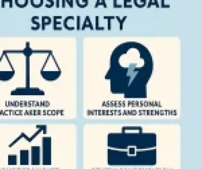 Infographic titled "Choosing a Legal Specialty" with icons for understanding practice scope, assessing interests, considering market demand, and reviewing compensation.