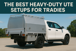 A white dual-cab ute with a silver aluminum canopy and toolboxes, parked outdoors on concrete, showcasing a heavy-duty setup for tradies.