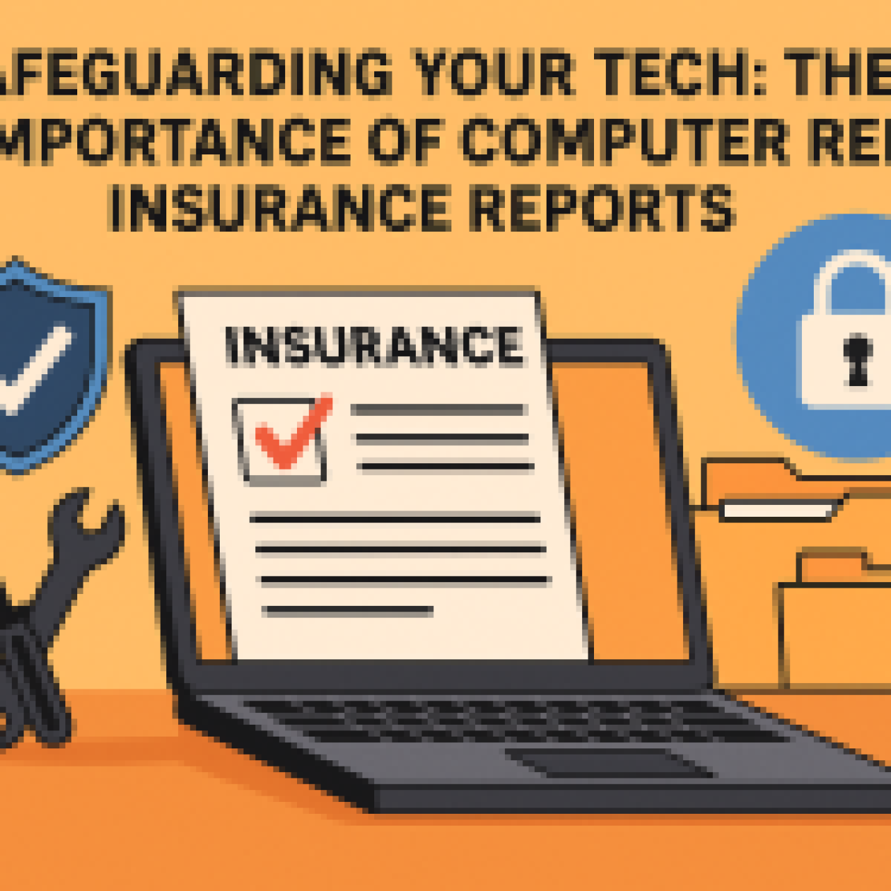 A laptop displays an insurance document, surrounded by icons of a shield, padlock, folders, and tools, representing computer repair insurance protection.