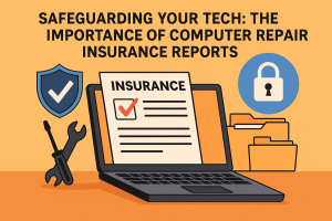 A laptop displays an insurance document, surrounded by icons of a shield, padlock, folders, and tools, representing computer repair insurance protection.