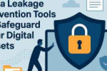 Illustration showing a person securing digital data with a lock and shield on a laptop, representing effective data leakage prevention tools.