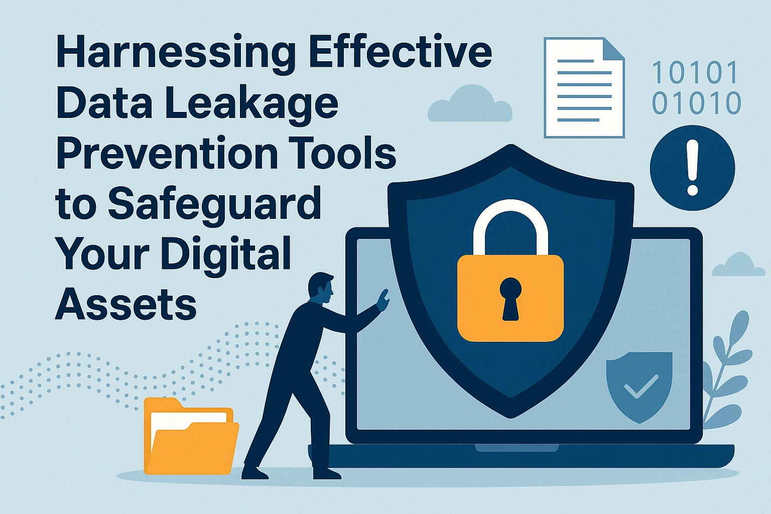 Illustration showing a person securing digital data with a lock and shield on a laptop, representing effective data leakage prevention tools.