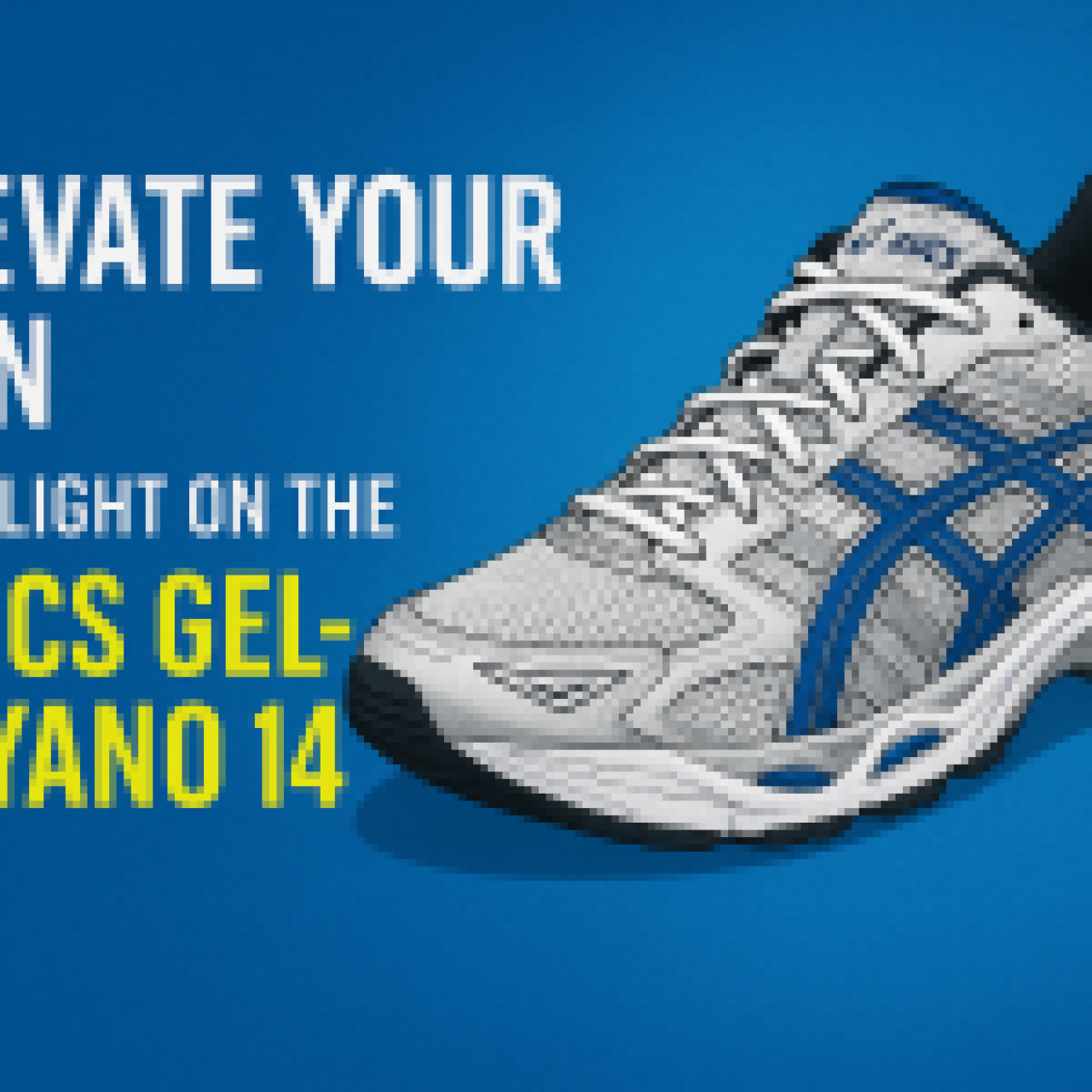 Promotional image of the Asics Gel Kayano 14 running shoe in white and blue, with text reading “Elevate Your Run – Spotlight on the Asics Gel-Kayano 14” on a blue background.
