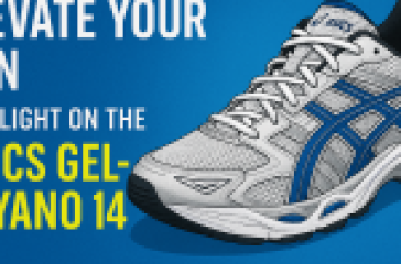 Promotional image of the Asics Gel Kayano 14 running shoe in white and blue, with text reading “Elevate Your Run – Spotlight on the Asics Gel-Kayano 14” on a blue background.