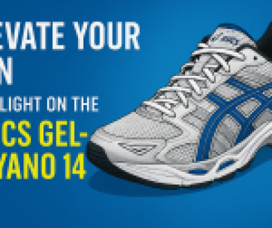 Promotional image of the Asics Gel Kayano 14 running shoe in white and blue, with text reading “Elevate Your Run – Spotlight on the Asics Gel-Kayano 14” on a blue background.