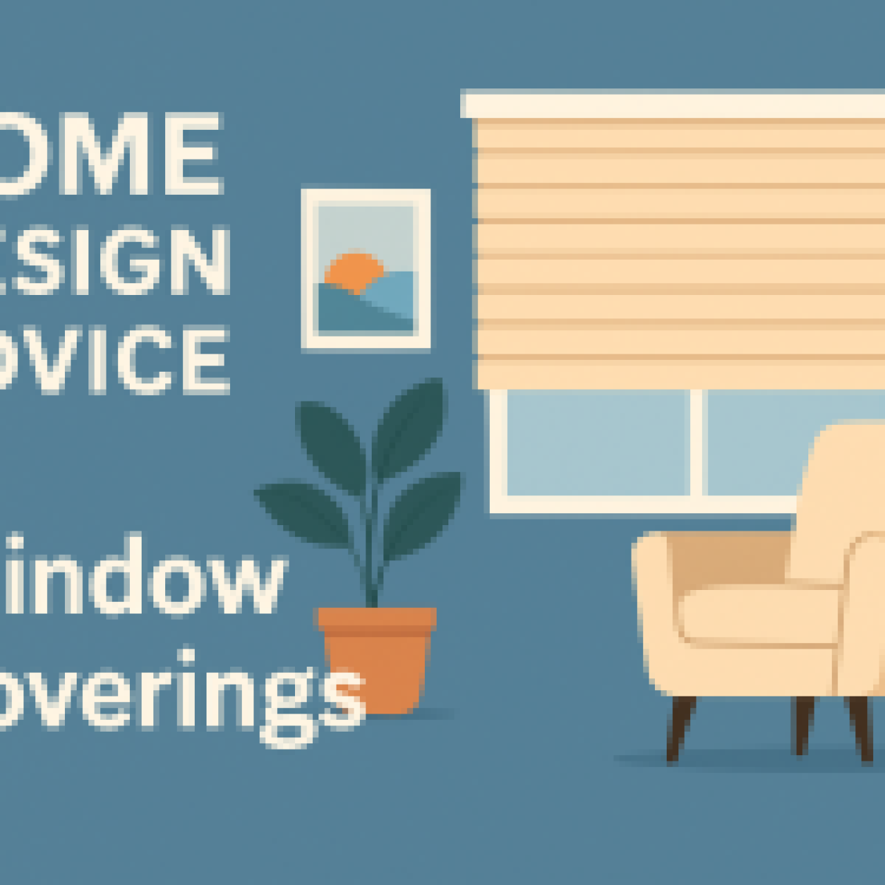 Interior room with beige blinds, a potted plant, a framed wall picture, and a beige armchair — window design advice concept.