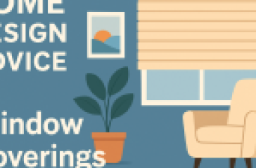Interior room with beige blinds, a potted plant, a framed wall picture, and a beige armchair — window design advice concept.